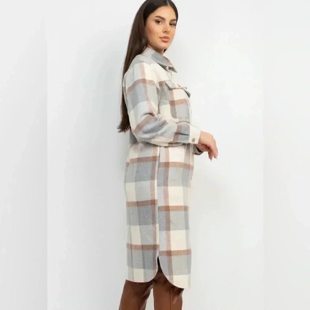 Cream & Gravy Plaid Knee Length Shacket Coat - Picture 3 of 4
